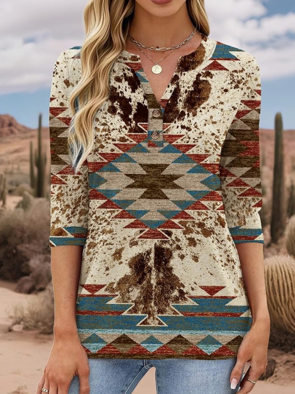 Chic Nation Aztec Print Henley Top in Cream, Brown, Teal, Rust